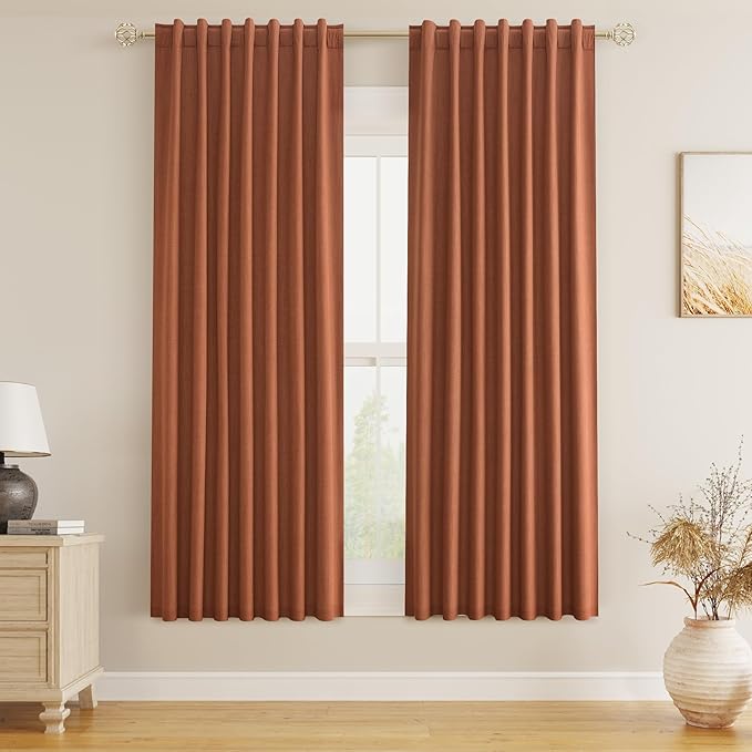 Guken Terracotta 100% Blackout Linen Curtains 63 Inch Length 2 Panels Set Fall Curtains for Living Room Bedroom Back Tab Thermal Insulated 100% Black Out Linen Drapes，52x63