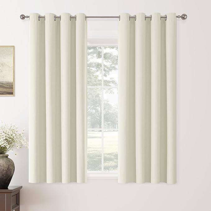ChrisDowa 100% Blackout Ivory Solid Curtains 63 Inches Long 2 Panels for Bedroom Living Room,Farmhouse Room Darkening Thermal Insulated Soundproof Grommet Top Window Treatment Drapes,52x63