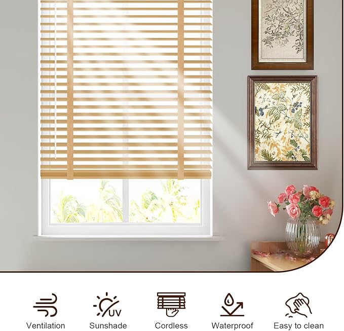 2" Cordless Wood Blinds for Indoor Windows Custom Blackout Blinds Room with Privacy Protection, Cordless Wooden Horizontal Window Shades for Bedroom, Living Room, Office, Kitchen, 24" W x 72" H
