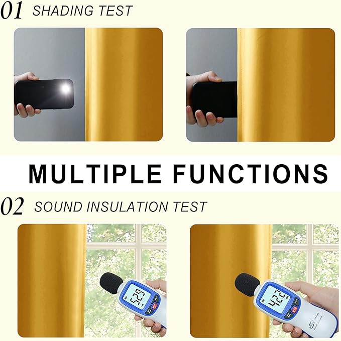 XWZO 100% Blackout Curtains 45 Inches Long with Tiebacks- Soundproof & Energy Efficiency Window Draperies Grommet Top with Black Liner for Bedroom/Living Room, Yellow, W38 x L45, Set of 2