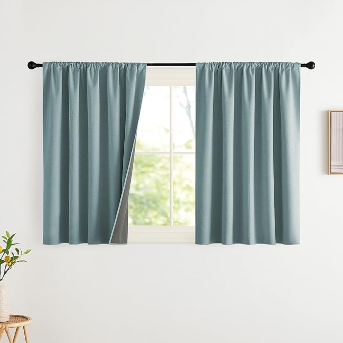 NICETOWN 2 Panels Skylark Blue Flax Linen Blend 100% Blackout Curtains, 42 x 36 Inch, Thermal Insulated Room Darkening Curtain for Bedroom Modern Noise Reducing Window Treatment Drapes