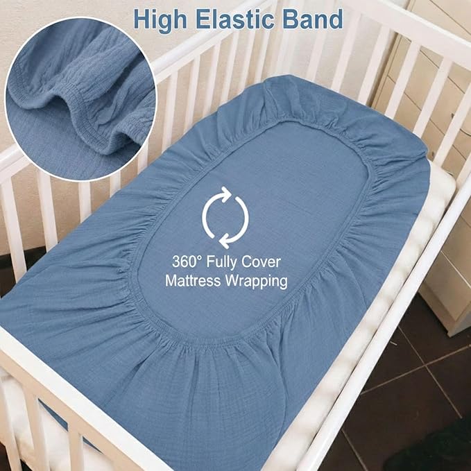 2 Pack Blue Muslin Crib Sheets for Boys & Girl- Neutral Breathable Cotton Crib Mattress Sheets Fitted for Standard 28"x 52"- Nursery Décor No Slip Crib Bed Sheets