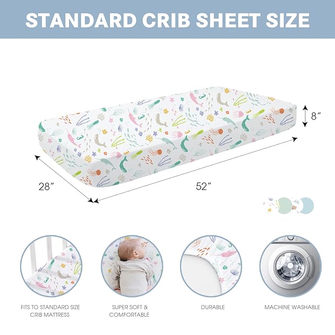 Little Grape Land Crib Sheets 4 Pack, Microfiber Fitted Crib Sheet for Standard Crib Mattress 52"x28"x8", Soft and Neutral Baby Crib Sheets for Boys and Girls, Breathable & Easy Care, Sea Breeze