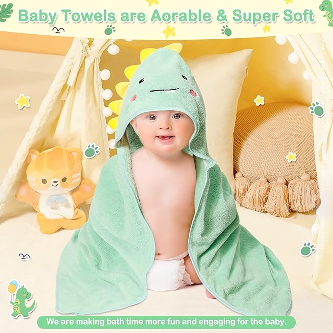 4 PCS Hooded Baby Towels, Soft Baby Towel, Absorbent Baby Bath Towel, Baby Towels and 3 PCS Baby Washcloths for Newborns, Toddlers, and Kids, 32x32 in Baby Towel with Hood for Boy and Girl (Dinosaur)