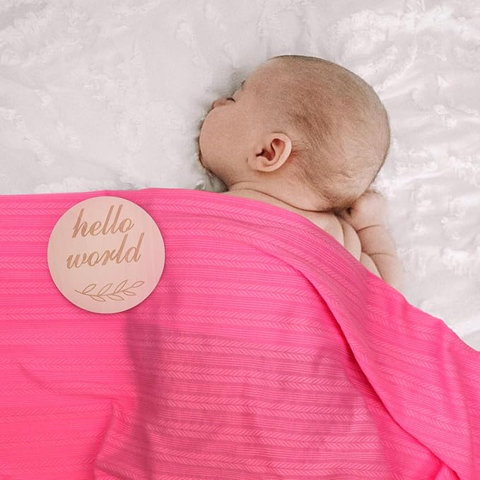 DRESHOW BQUBO Baby Swaddle Blankets for Girls, 4PCS Newborn Accessories Set with Matching Hat and Bow Headband with Hello World Wooden Birth Announcement Card