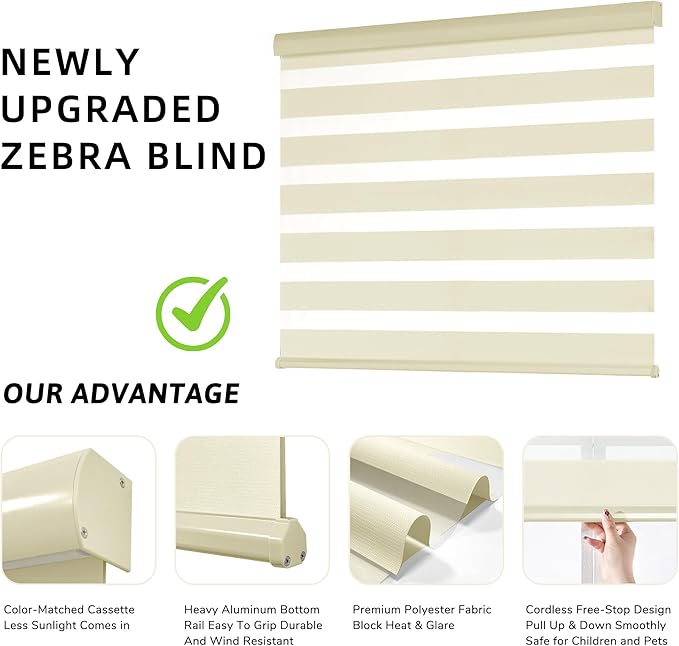 ChrisDowa Cordless Zebra Blinds for Windows, Dual Layer Free-Stop Light Filtering Window Roller Shades, Pull Down Privacy Zebra Shades for Home, Office, Bedroom, Door (26" W x 72" H, Beige)