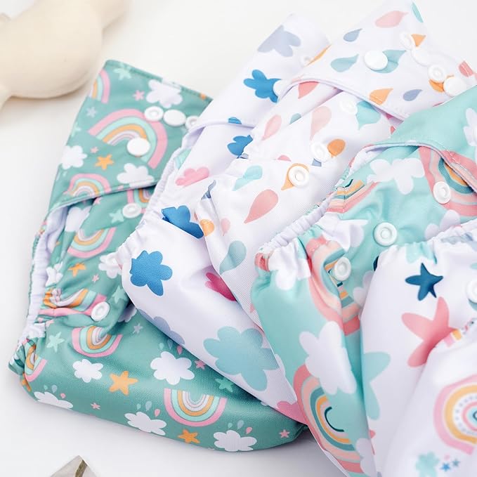 CoolaPeach 12 Set Reusable Adjustable Cloth Diapers for Newborn to 0-3 Years,One Size Washable Pocket Nappy Covers for Baby Girl and Boy,6 Pack Cloth Diapers+6pcs Microfiber Inserts(Green 2)