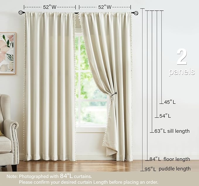Treatmentex Pom Pom Curtains for Bedroom Windows 90 inch Energy Efficient Thermal Insulated Living Room Darkening Curtain Panels for Kitchen Nursery Room Ivory 52" w x2 Panels Rod Pocket
