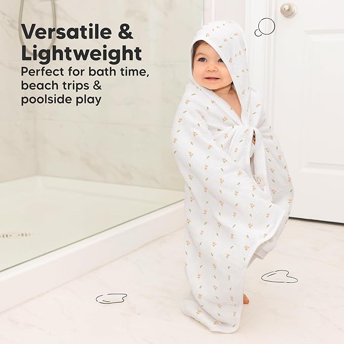 KeaBabies Muslin Baby Bath Towels with Hood for Girls, Boys -Large Organic Cotton Hooded Baby Towels for Newborns,Toddlers,Infant,Kids,Soft Absorbent Newborn Bath Essentials Gift Set(Tulips, Regular)