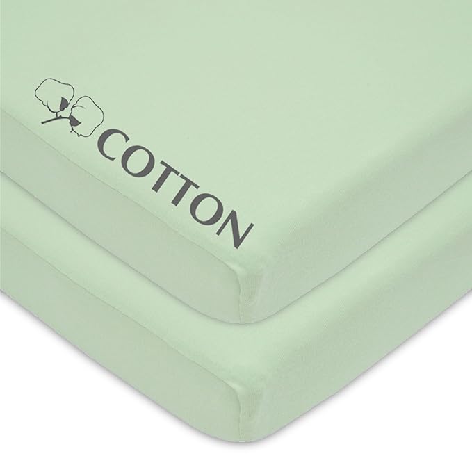 American Baby Company 2 Pack 100% Natural Cotton Fitted Mini Crib Sheets 38" x 24" - Soft & Breathable Small Nesting Portable Sheets, Fits Pack N Play Mattresses, Celery, for Boys & Girls