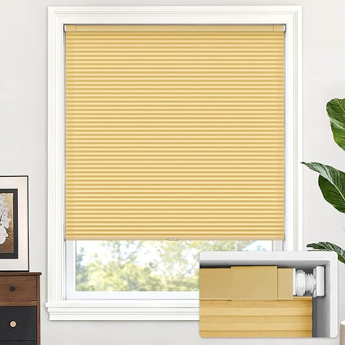 LazBlinds Cordless Cellular Shades, No Tools No Drill Light Filtering Honeycomb Shades Pleated Blinds for Windows, 42'' W x 64'' H, Yellowish-Brown