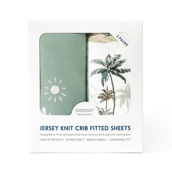 GRSSDER Stretch Ultra Soft Jersey Knit Fitted Crib Sheets Set 2 Pack, Universal Fit All Standard Crib Mattress Pads Safe and Snug, Crib Fitted Sheet with Deep Pocket, Original Neutral Design for Baby