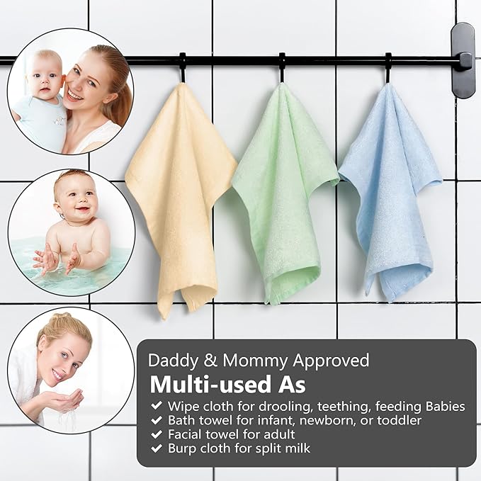 6 Pack Baby Boy Washcloths Bulk for Newborn, Extra Soft Face Bath Towel for Toddler, Absorbent Kids Wash Rag for Body, 70% Rayon Derived from Bamboo, 30% Cotton, 10"x10", Blue/Green/Yellow