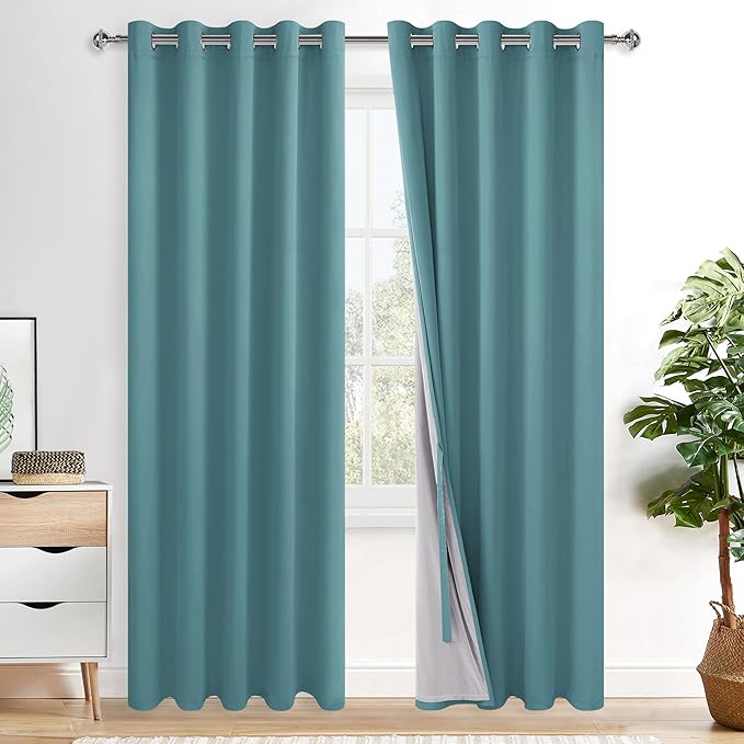 XWZO 100% Blackout Curtains - Thermal Insulated Black Liner Curtains, Noise Reducing and Heat Blocking Drapes for Hall and Studio Windows with Tiebacks, Stone Blue, W60 x L84, Set of 2