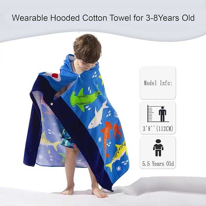 VOOVA & MOVAS Hooded Towel for Toddlers 3-8 Years,30''X50'',Soft | Thick | Cotton | Absorbent | Large Beach | Pool | Bath | Swim Towels | Cover up for Boys, Shark Fish