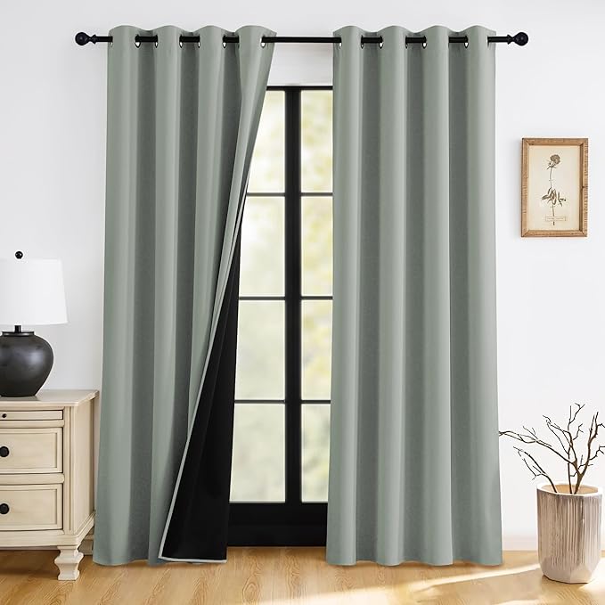RYB HOME 100% Blackout Sage Green Curtains 84 inches Length, Temperature Balance Total Room Darkening Noise Reducing Curtains for Bedroom Living Room, 52 inches Wide by 90 inches Long