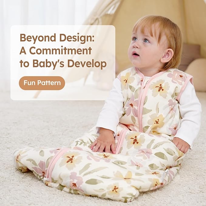 Unnivoll Baby Sleep Sack 18-24 Months TOG 2.5 Winter Baby Wearable Blanket, 100% Cotton Toddler Sleeping Sack with 2-Way Zipper Warm Soft Pink Flowers