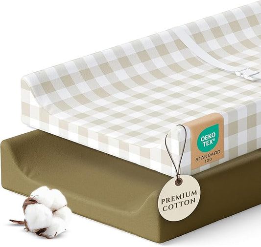 Pobibaby – 2 Pack Premium Changing Pad Covers for Boys, Ultra-Soft Breathable Cotton Diaper Changing Table Covers – Neutral Nursery Changing Pad Sheets for Baby (Gingham Khaki)
