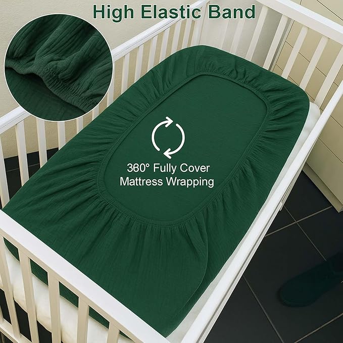 PET REJOIR 2 Pack Emerald Green Muslin Crib Sheets for Boys & Girl- Neutral Breathable Cotton Crib Mattress Sheets Fitted for Standard 28"x 52"- Nursery Décor No Slip Bed Sheets