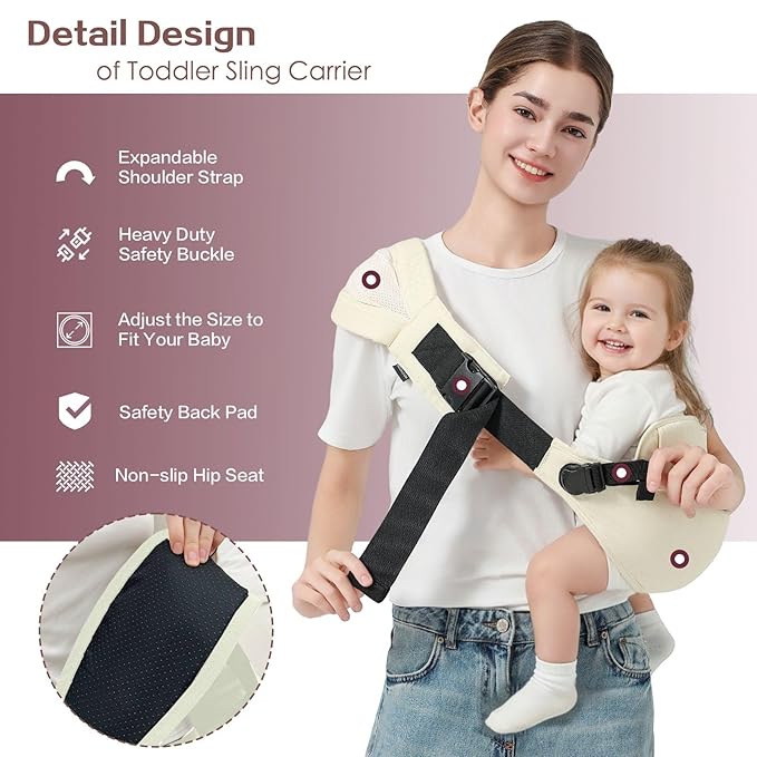 Toddler Sling Carrier, Toddler Carrier Sling, Baby Carriers Hip Carriers with Backrest, Lightweight Travel-Friendly Baby Slings Carriers, Beige