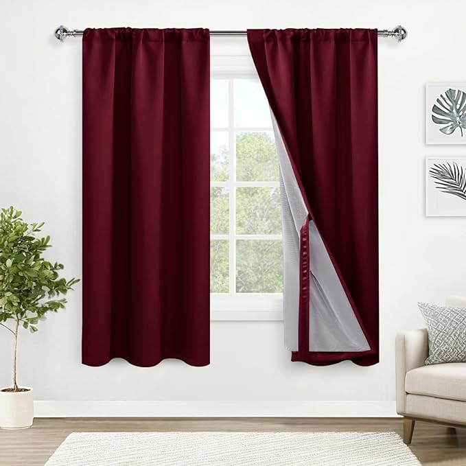 XWZO 100% Blackout Curtain Panels - Rod Pocket & Back Tab Thermal Insulated, Noise Reducing and Heat Blocking Drapes for Hall and Studio Windows with Tiebacks, Burgundy, W42 x L63, Set of 2