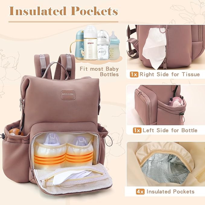 miss fong Diaper Bag Backpack - Baby Diaper Bag Neoprene Bag Large Capacity Neoprene Backpack with Diaper Changing Pad with 12 Pockets Pañaleras Para Bebe Baby Backpack for Mom & Dad -Mauve