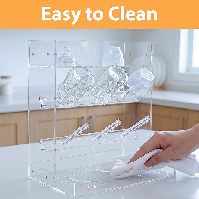 Heyrelda Baby Bottle Drying Rack Space Saving Vertical Acrylic Stand with Drip Tray – Clear Countertop Organizer for Bottles, Baby Accrssories – Fast Drying and Easy Cleanup - 10.3 x 6.3 x 10.6 in