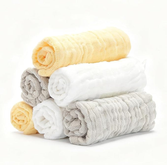 Bear Rocket Organic Muslin Baby Washcloths 6 Pack Baby Bath Face Towel 12x12 Inch Extra Absorbent and Soft Burp Cloth and Wash Cloths for Newborn-Infants On Sensitive Skin (White Brown Yellow)