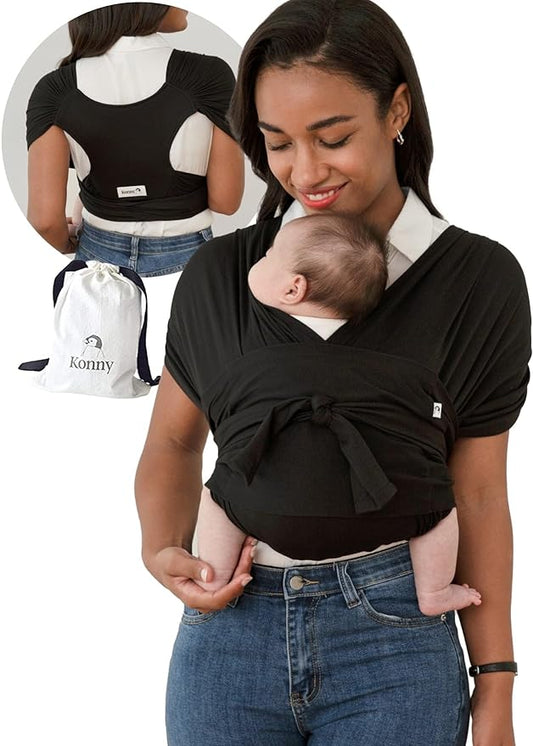 Konny Baby Carrier Flex SoftBreeze with Head Support - Adjustable, Easy to Wear, Hands-Free Breathable Baby Wrap Sling, Perfect for Newborn Babies Essentials up to 44 lbs (M-4XL) - Black