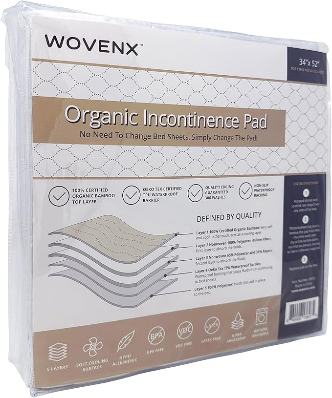 WOVENX Organic Incontinence Pads for Kids & Toddlers - 5 Layer Waterproof Protectors for Overnight Bed Wetting - Reusable & Washable Pee Pads - Fits Twin to Full Size Beds - 34" x 52" White