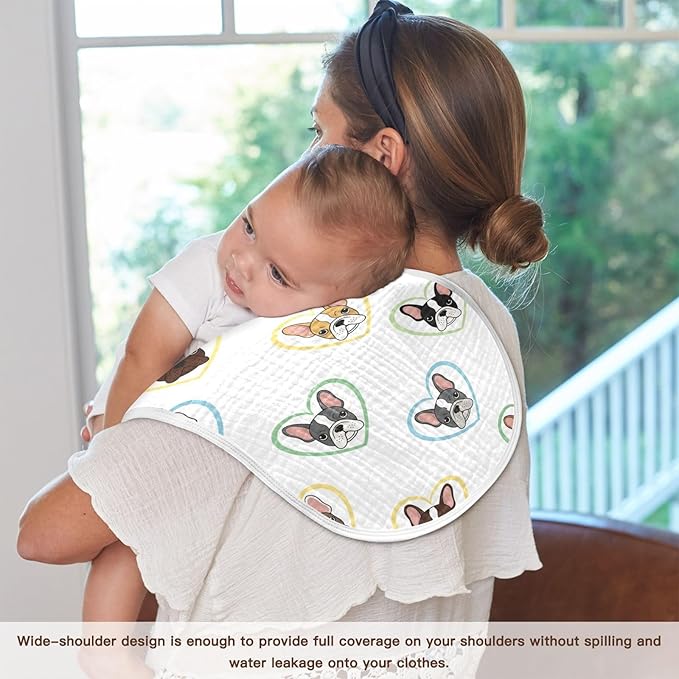 Qinllo 4 Pack Muslin Burp Cloths Bulldog Hearts White Cotton Baby Burp Cloths Ultra Absorbent Soft Thick Burping Cloth for Newborn Babies Boys Girls 22x11 Inch