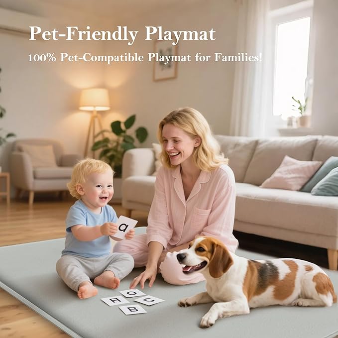 PapaMama Baby Play Mat for Floor,1.3" Thick Elasti-Foam 50"×50" Playpen Mat for Tummy Time,Water Repellent Soft Coral Velvet for Toddler,Infant,Kids,Non-Slip Backing Safe for Crawling(LightGrey)