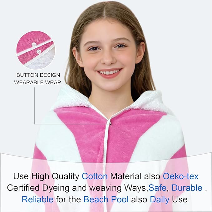 Hooded Bath Towel Wrap for Teens/Big Kids (8-14 Years,68"X34") | Soft Fluffy Quick Dry Absorbent 100%Cotton Thick Towel | Versatile Beach, Pool, Swim & Bath Cover-Up | Hot Pink Wide Stripe