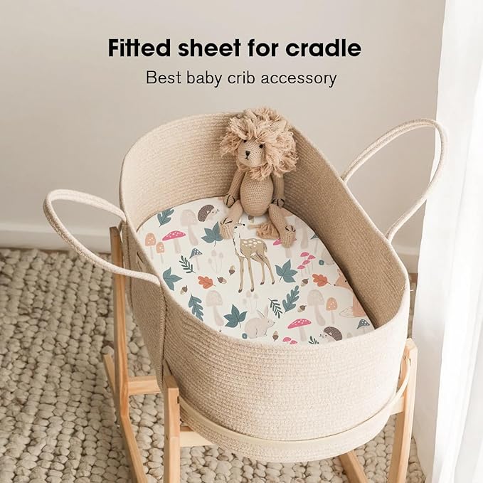 Little Grape Land Bassinet Sheets 3 Pack, 33" x 18" Fitted Bassinet Sheets Up to 4" Deep Pocket, Ultra Soft Baby Bassinet Fitted Sheets for Bassinet Mattress, Forest Friends