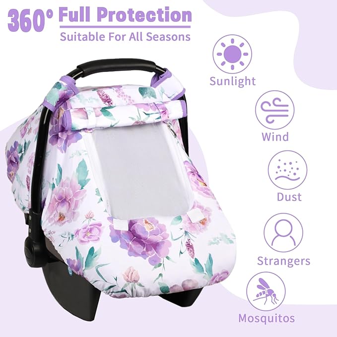 Car Seat Cover Baby, HNHUAMING Infant Car Seat Covers Canopy for Baby Girl Boy, Cozy & Windproof Newborn Carseat Covers Minky Dot Backing Stroller Cover with Breathable Mesh Window, Purple Flower