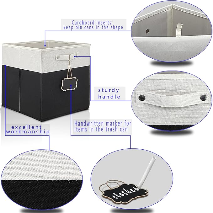 11 cube storage bins,Set of 4 Collapsible Fabric Storage Cubes with Labels,Linen Cube Storage Organizer Bins Kallax Storage Cubes for Organizing Office,Shelves,Nursery Toys,Clothes(White Black).