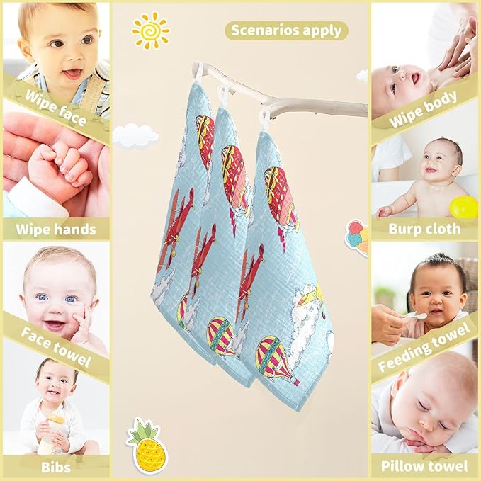 vvfelixl Hot Air Balloons Airplanes Baby Burp Cloths Baby Muslin Washcloths for Boys Girls Cotton Baby Face Towel for Newborn Infants Soft and Absorbent 11.8 X 11.8 in, 5 Pack