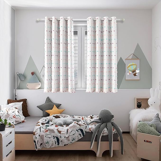 MYSKY HOME Cute Blackout Curtains for Kids Bedroom Nursery Curtains 100% Light Block Doubled Curtains with Rainbow Pom Pom Sheer Window Drapes Room Darkening Grommet Set of 2, 52 x 63 in