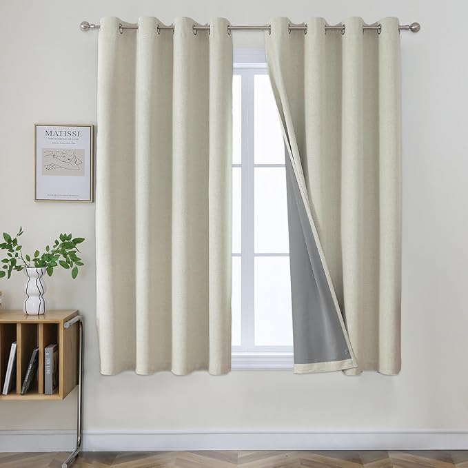 Joydeco Blackout Curtains 63 Inches Long 2 Panels Burg, Room Darkening Curtains for Bedroom, 100% Black Out Textured Thermal Drapes Privacy Protection 2 Panels Set(W42 x L63 Inch, Light Beige)