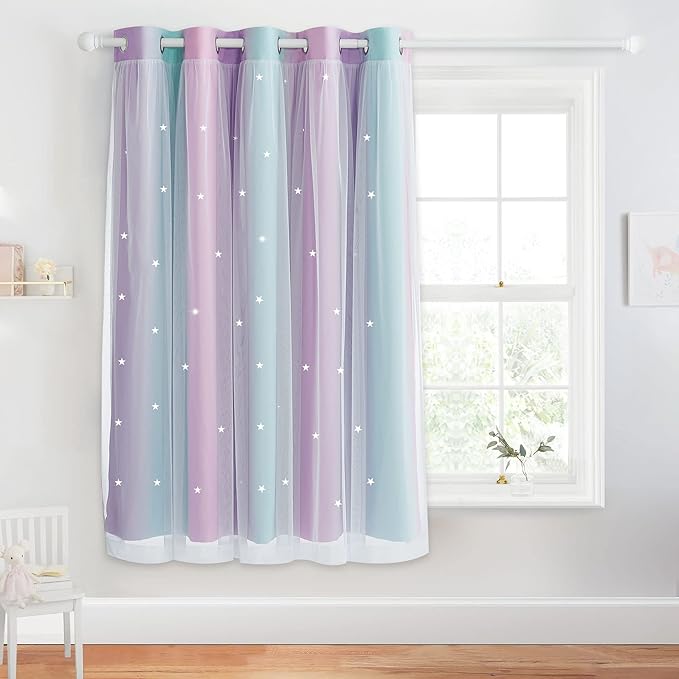 NICETOWN Blackout Curtains with White Sheer Overlay, Star Cut-Out Thermal Insulated Rainbow Curtains for Girls Bedroom, Ombre Window Curtain with Tiebacks, W70 x L63, Blue & Purple & Pink, 1 PC