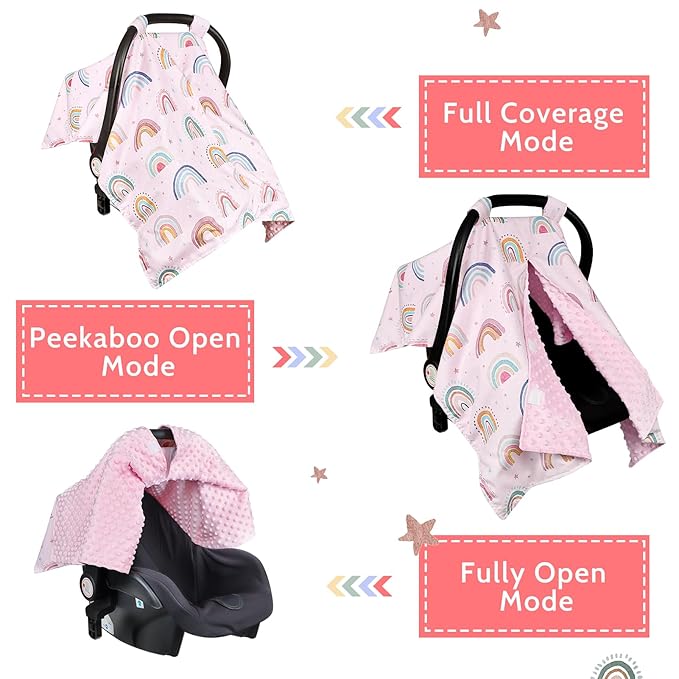 Car Seat Cover Baby, Peekaboo Opening Carseat Covers Baby Girl, Warm Minky Infant Car Seat Canopy, Multi-Use Cover Protecting Baby from Wind, Sun, Strangers, Pink Rainbow