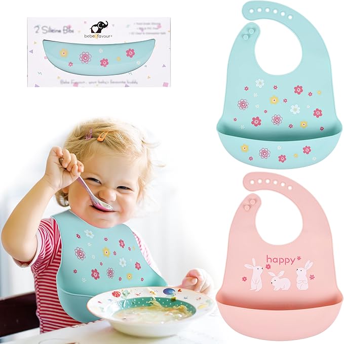 BEBE FAVOUR 2 Pack Silicone Baby Bibs Adjustable Fit Waterproof Bib With Leak Proof Food Pouch Catcher for Eating Boys Girls