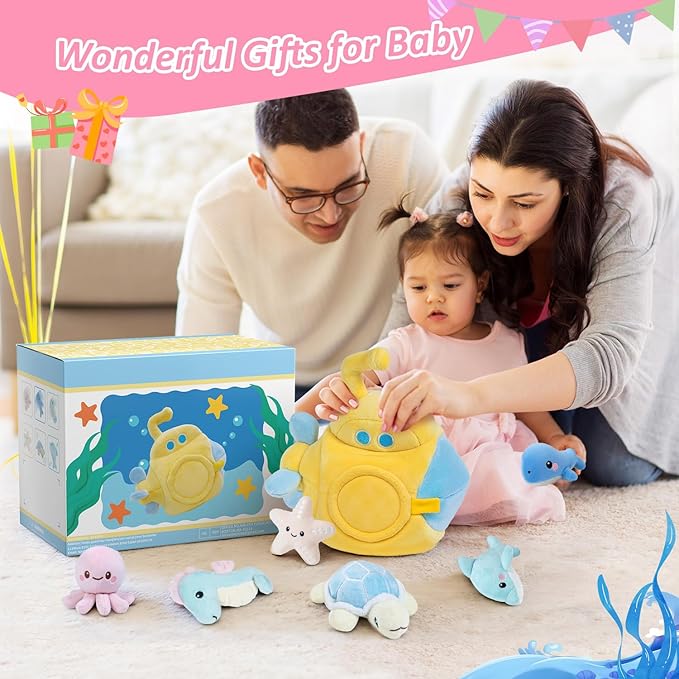Submarine & Ocean Animals Baby Toys 6-12 Month, Sensory Toy Set with Whale, Dolphin, Starfish, Octopus, Turtle, Seahorse, Soft Montessori Toys for Infants 0-3