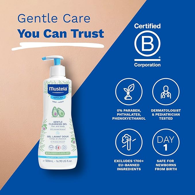 Mustela Baby Gentle Cleansing Gel - Baby Hair & Body Wash - with Natural Avocado fortified with Vitamin B5 - Biodegradable Formula & Tear-Free â€“ 25.35 fl. oz. (Pack of 1)