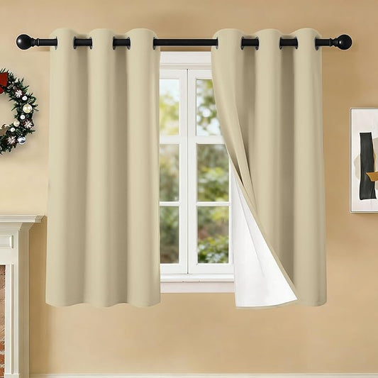 100% Blackout Curtains 54 Inch Length for Bedroom Living Room, Grommet Thermal Insulated Room Darkening Drapes, Light Blocking Window Treatment Decor, 2 Panels, 37x54, Beige