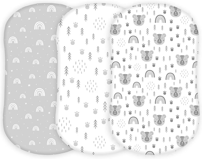 TansyPanda Halo Bassinet Sheets for BassiNest Luxe Swivel, Soothing, Swivel, Lite, Essential Sleeper, 3 Pack, 33 X 17 Inch, Ultra Soft, Snug Fit, Unisex Boys Girls, Gray White (Woodland Rainbow)