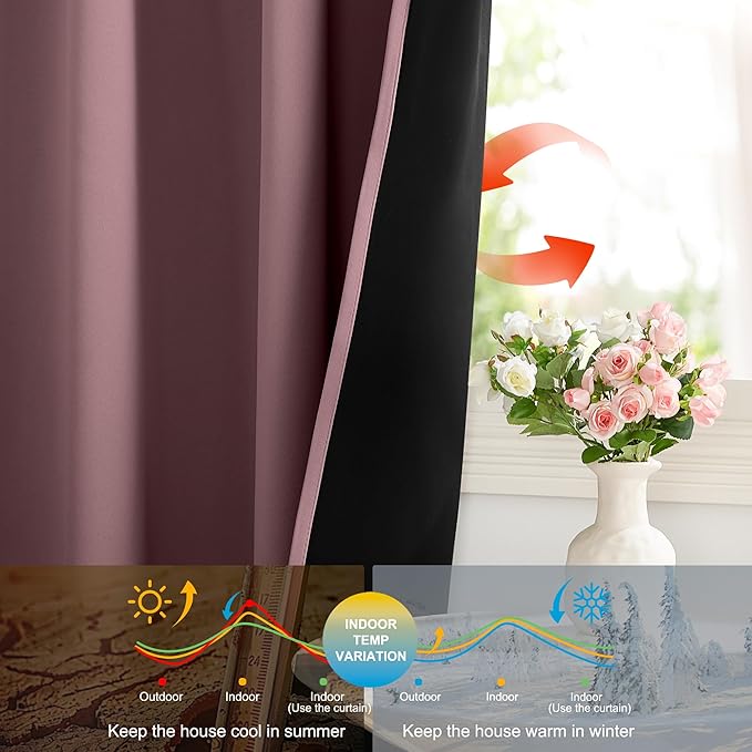 NICETOWN Dry Rose 2 Pieces 52x84 Inches Blackout Curtains, Thermal Insulated Energy Efficient Window Treatment Draperies for Living Room, Double Layer Full Light Blocking with Rod Pocket Back Tab