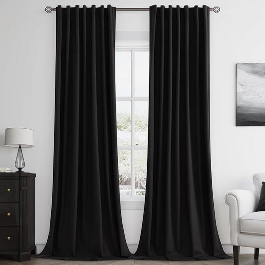 Guken Black 100% Blackout Curtains 84 Inch Length 2 Panels Set for Living Room Bedroom Back Tab Thermal Insulated Black Out Linen Drapes Room Darkening Window Curtains 84 Inches Long