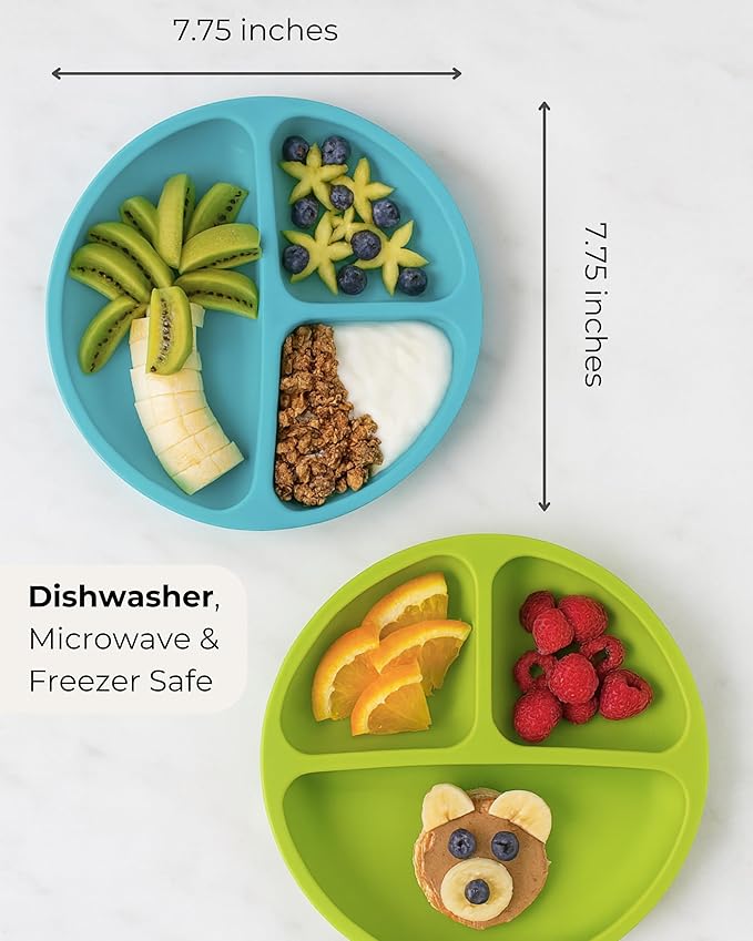 Hippypotamus Toddler Plates with Suction - Baby Plates - 100% Food-Grade Silicone Divided Plates - BPA Free - Dishwasher Safe - Set of 3 (Lavender/Lime/Teal)
