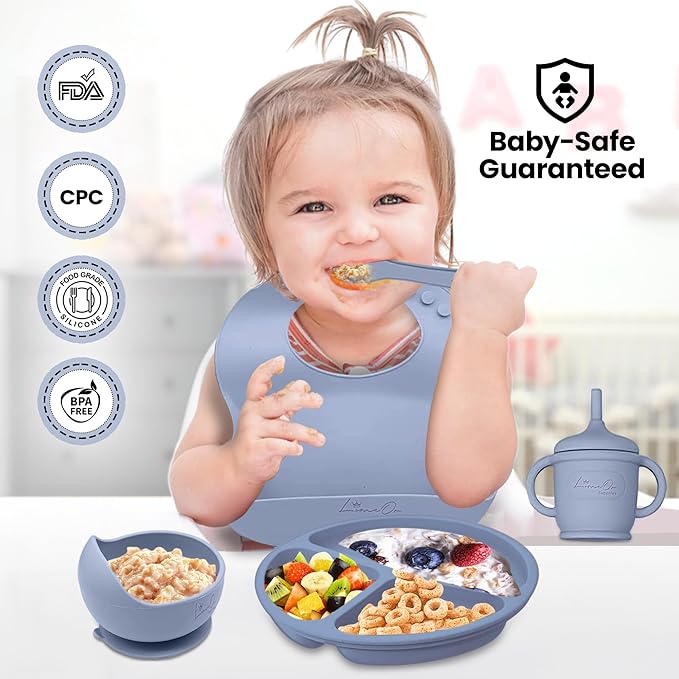 Silicone Baby Feeding Set, 10 Pcs Baby Led Weaning Supplies | BPA-Free Baby Dishes with Toddler Plates and Bowls Set, Silicone Bib, Suction Cup, Baby Spoons & Forks | Empower Independence – Gray